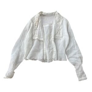 1920s Antique Handmade Blouse Lace Collar Edwardian Victorian XL White Linen
